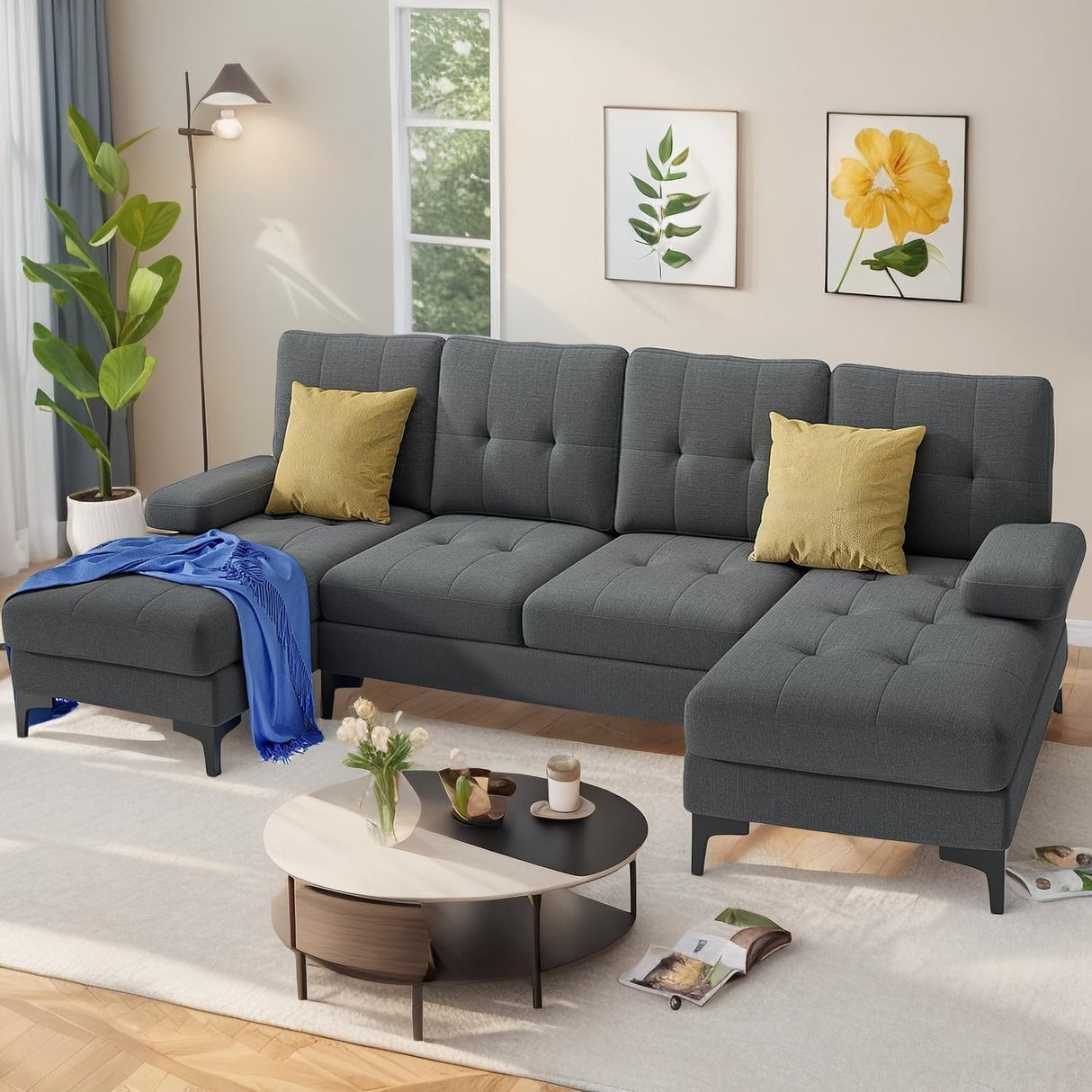 Sectional Couches for Living Room, U-Shaped Sofa Couch with Linen Fabric