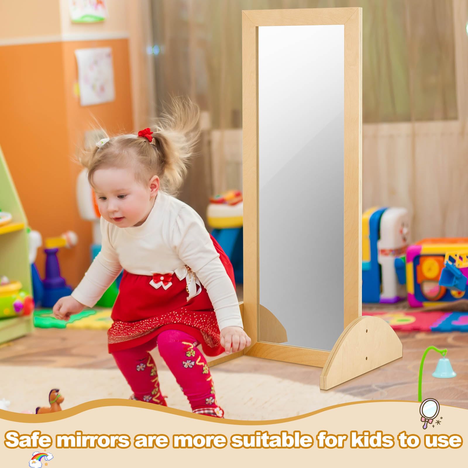 Toddler Single Sided Bi Directional Mirror 34.7 x 15.6 x 14.6 Inch Wooden Coordination Mirror