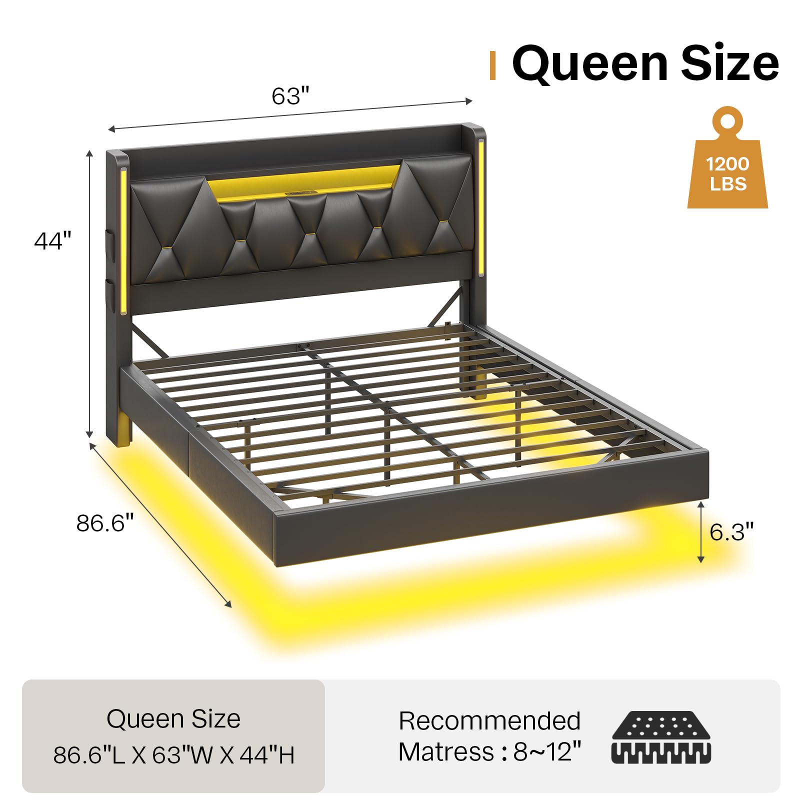 Floating Queen Bed Frame with LED Lights & Storage Headboard