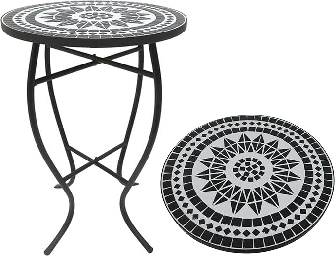 Outdoor Side Table Mosaic 14 Inch Round Accent Table Plant Stand with Concrete Tile Top