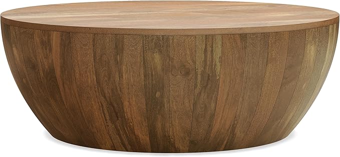 Elmbrook Solid Mango Wood Modern Industrial 34 Inch Wide Drum Coffee Table in Natural