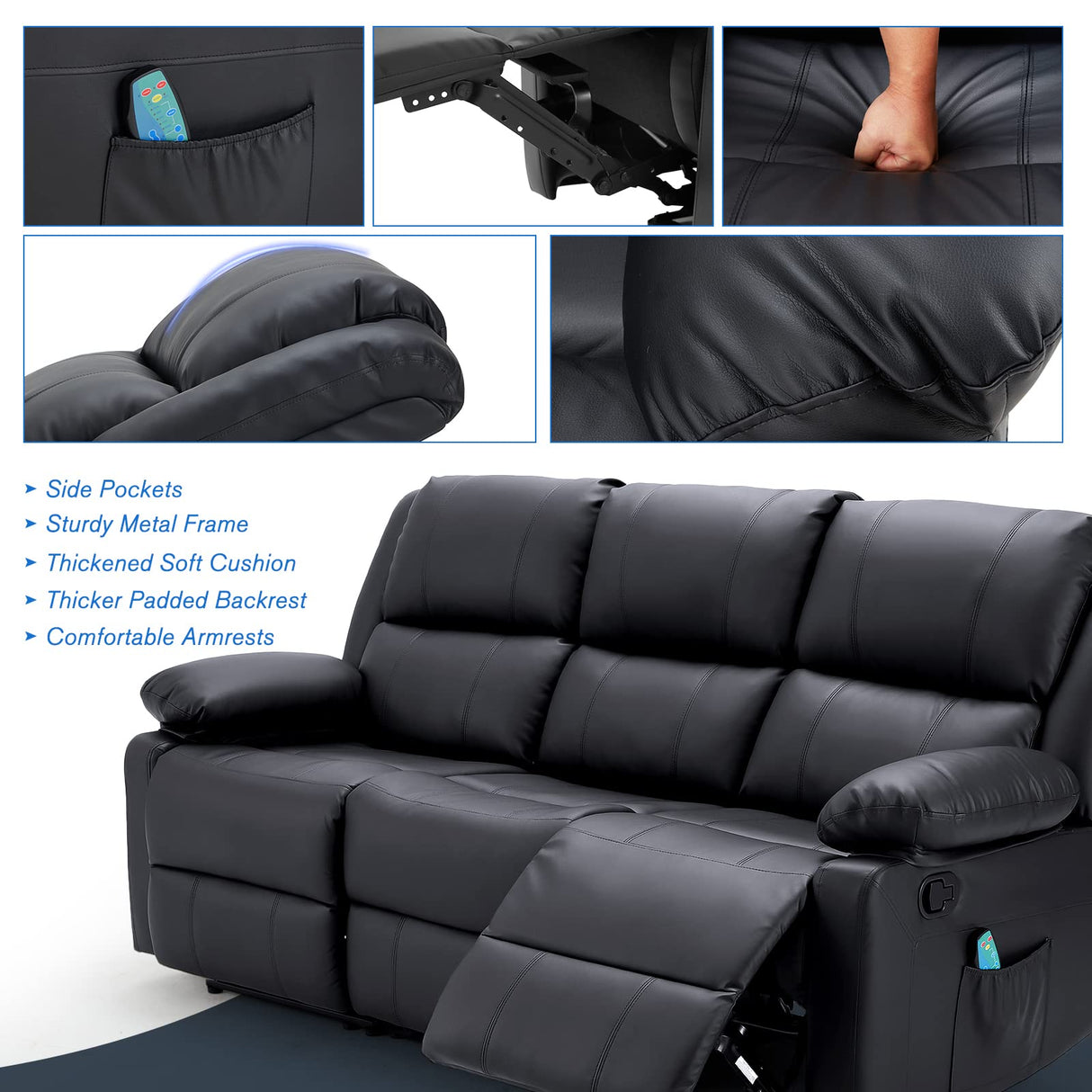 Reclining Sofa with Massage&Heat Function, Wall Hunger Recliner Couch