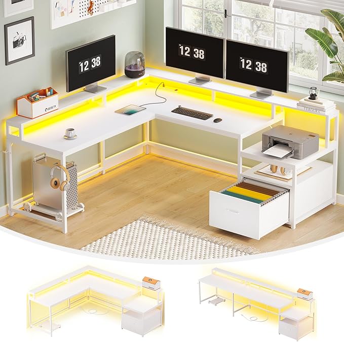 SEDETA L Shaped Desk, 66" Home Office Desk with File Drawer & Power Outlet