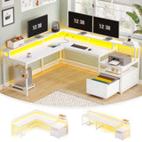 White L Shaped Gaming Desk, 66" Home Office Desk with File Drawer, Power Outlet and Led Lights