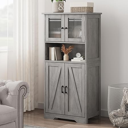 Bathroom Storage Cabinet, Freestanding Floor Linen Storage Cabinet with Doors