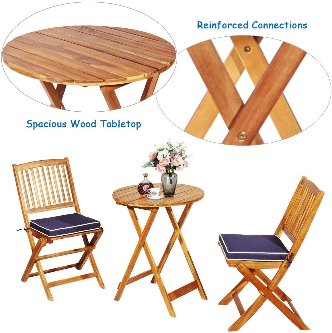 3 PCS Patio Folding Bistro Set, Outdoor Acacia Wood Chair