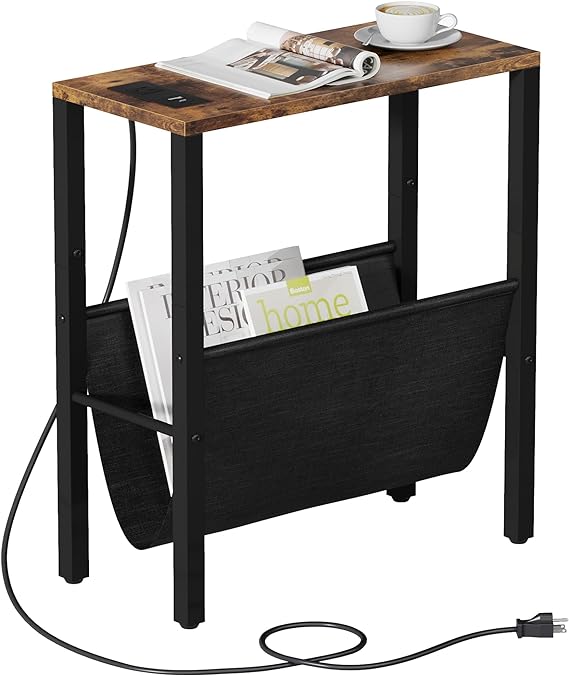 Narrow Side Tables Set of 2 with Charging Station, Small End Table with Storage Pouch