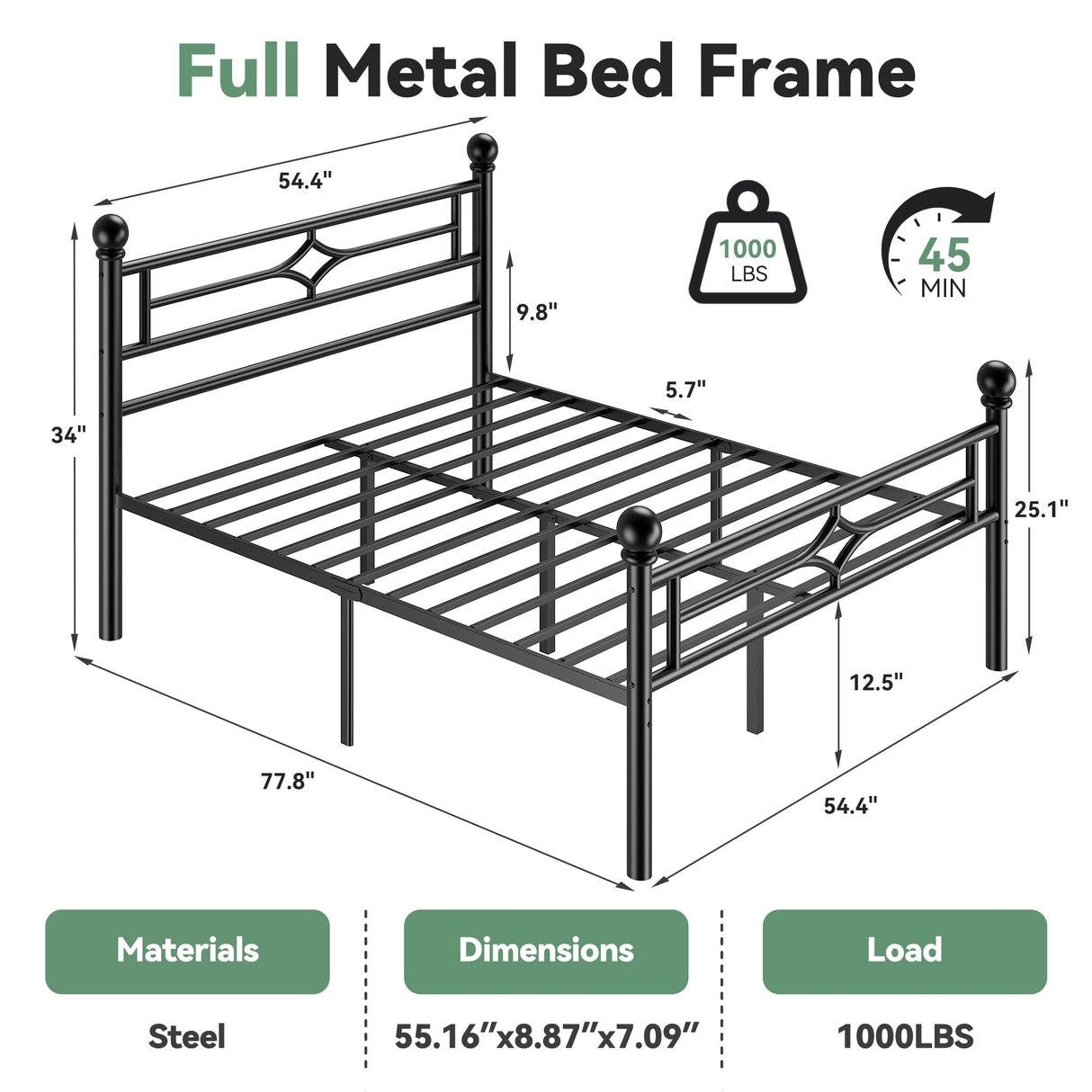 Full Bed Frame with Headboard and Footboard - Heavy Duty Metal Platform