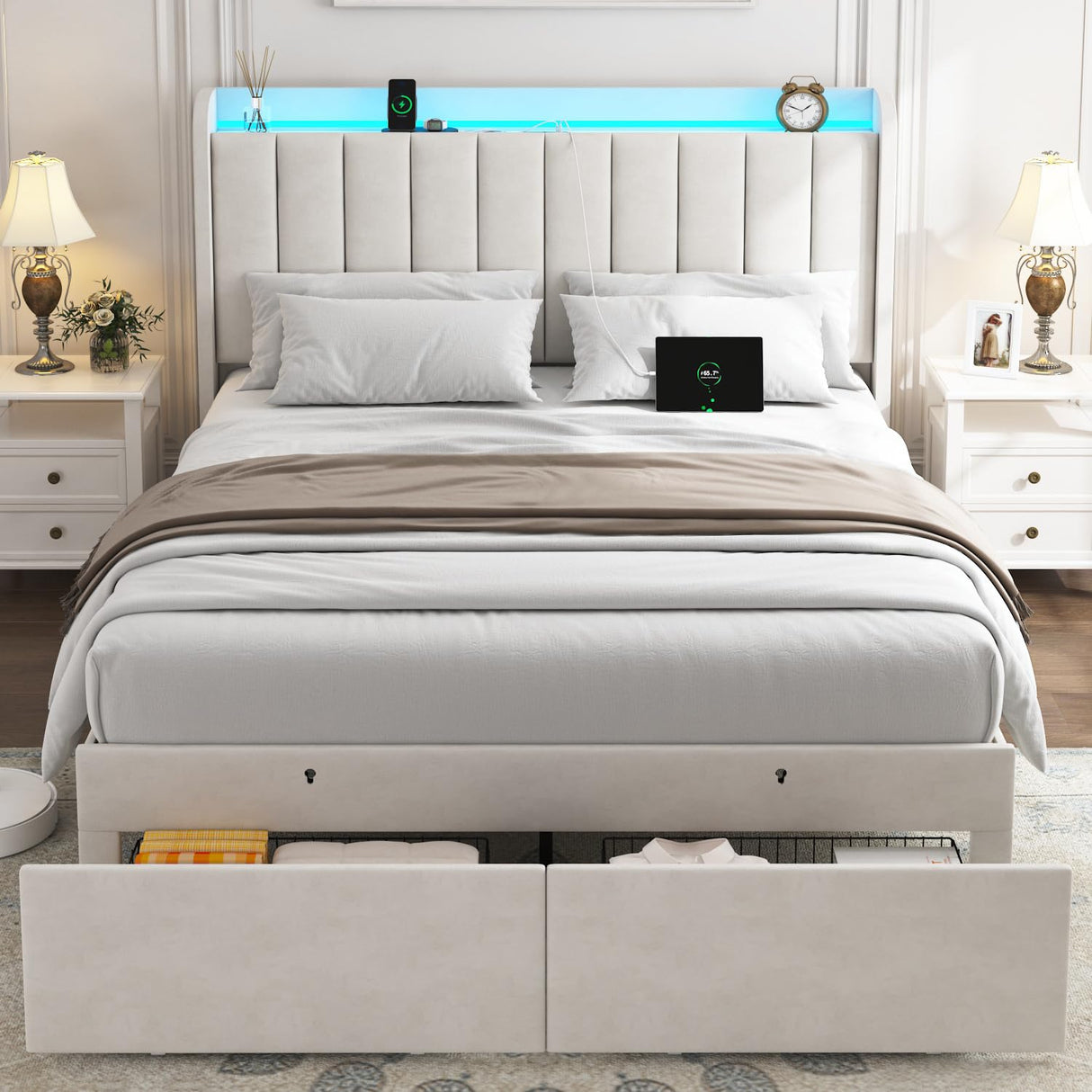 Full Size Bed Frame with Storage Headboard, Upholstered Platform Bed Frame