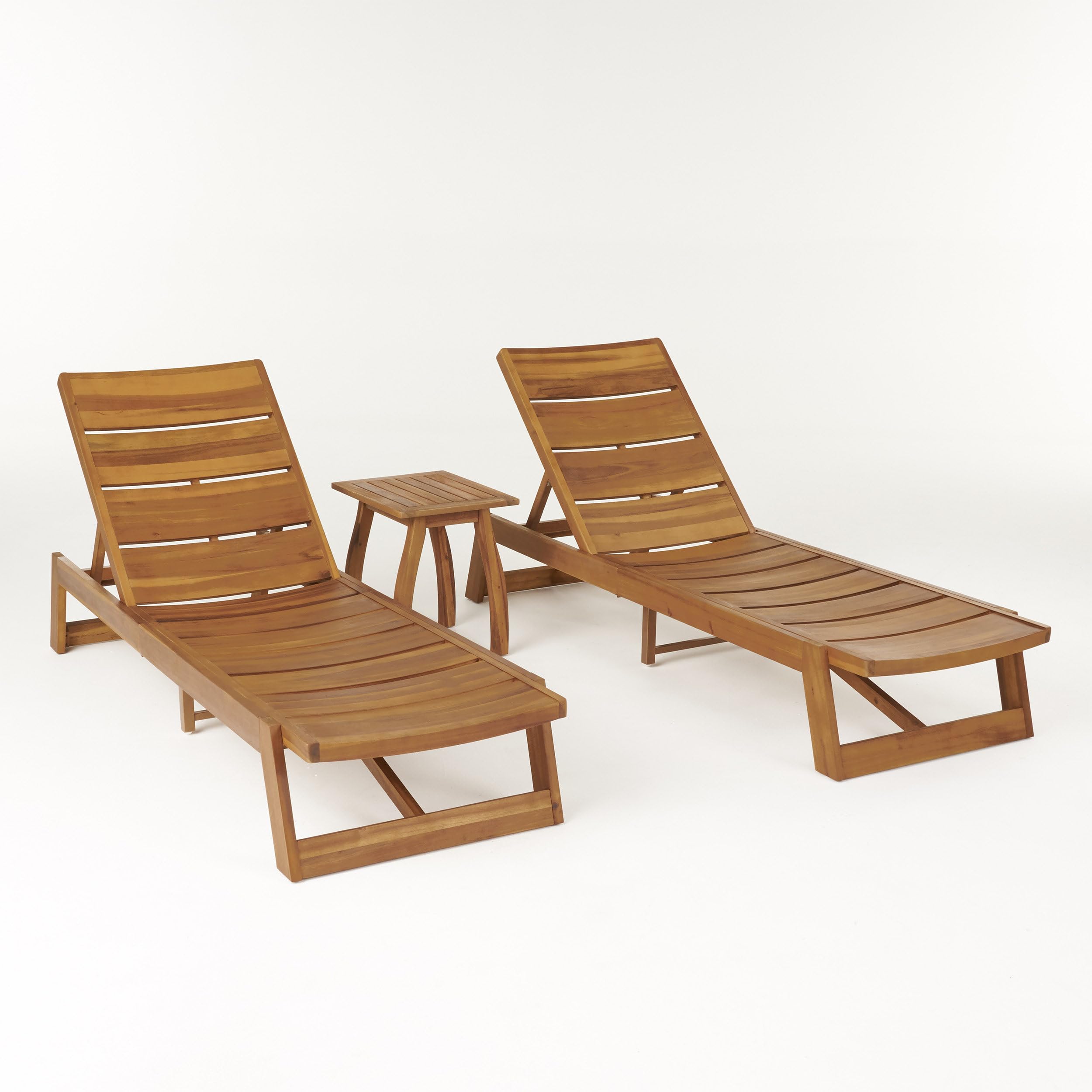 Outdoor Acacia Wood 3 Piece Chaise Lounge Set