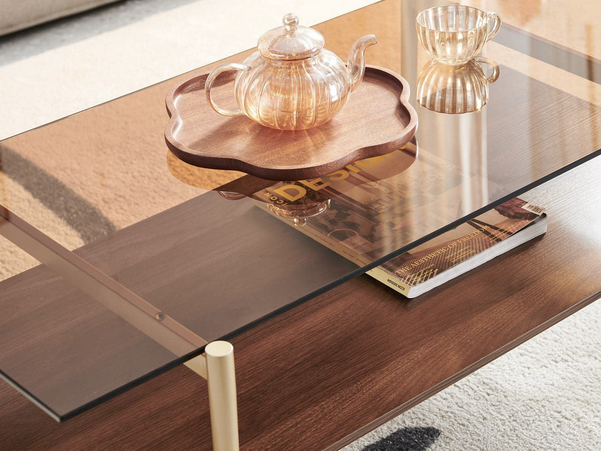 Layer Glass Coffee Table for Living Room, Brown Glass & Coffee Brown MDF Bottom Shelf