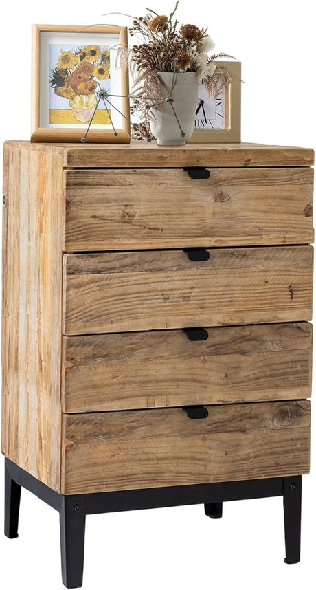 Farmhouse Nightstand Solid Wood Bedside Table with 4-Drawers Bedside End Tables Storage for Living Room, Hallway, Handmade Distressed, Natural, Set of 2