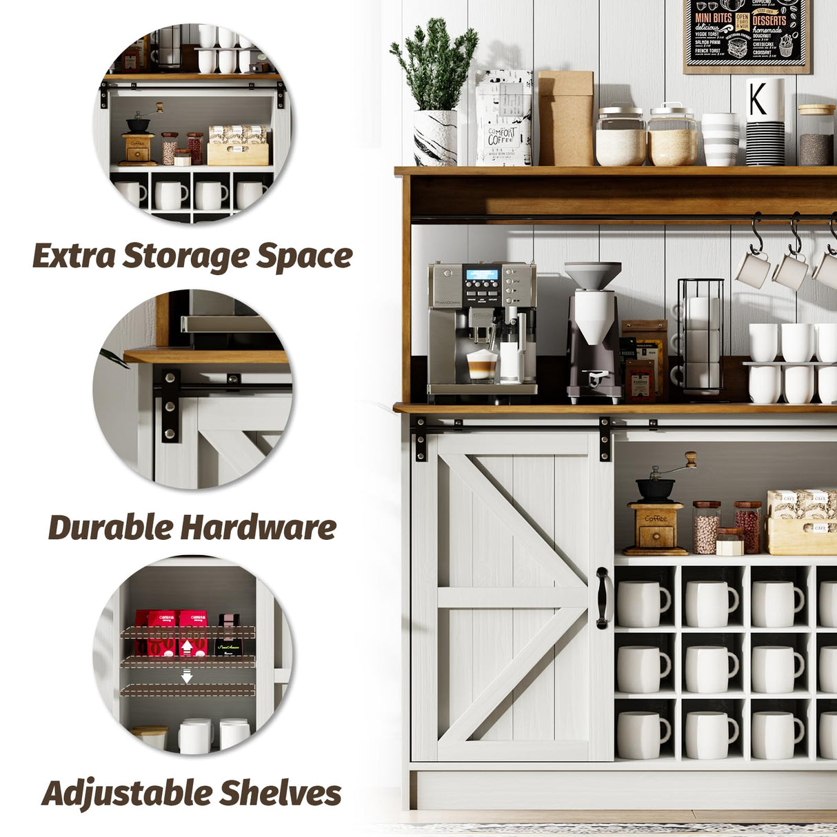 Farmhouse Coffee Bar Cabinet with 8 Hooks, 55” Kitchen Hutch Cabinet with Storage