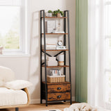 5-Tier Ladder Shelf with 2 Drawers,Narrow Bookshelf Storage Shelves,Industrial Bookcase Freestanding Shelf Units for Bedroom,Living Room,Bathroom,Home Office,Balcony,Wood Metal,Rustic Brown