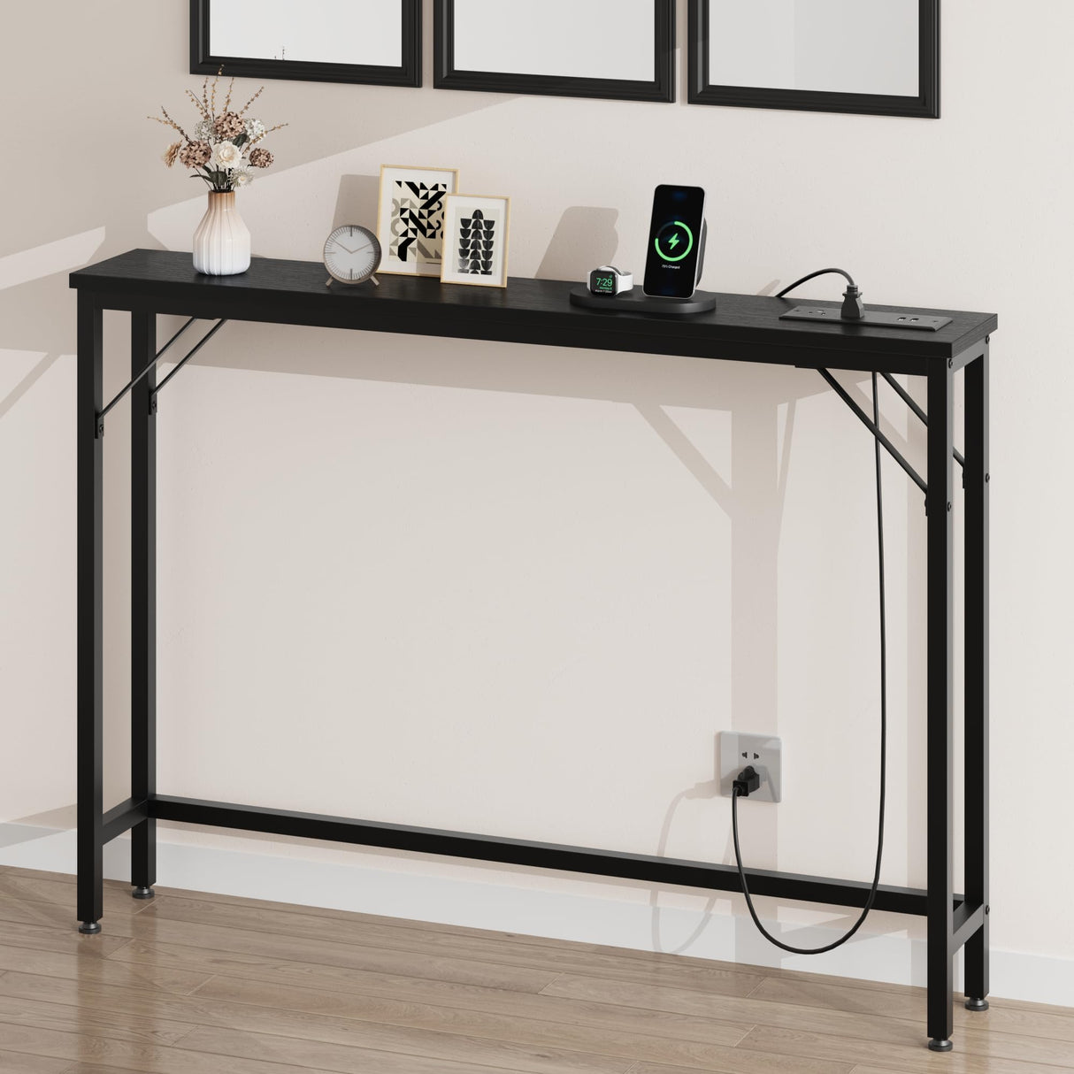 39.4" Skinny Console Table with Charging Station - Narrow Behind Couch Table