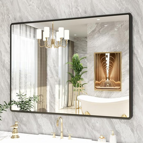 New Upgrade 48X36 Inch Wall Mounted Bathroom Mirror, Black Metal Frame Rounded Rectangle Mirror