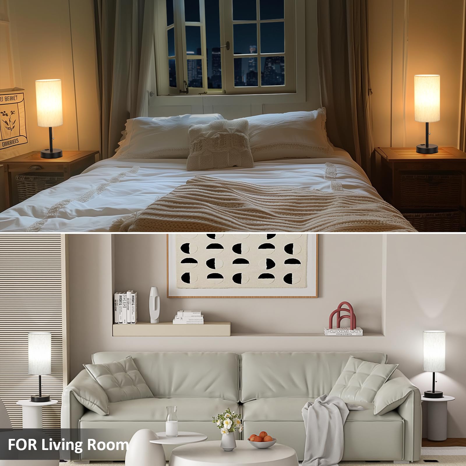 Plus Bedside Table Lamps Set of 2 - 3 Color Temperatures Pull Chain Lamp with AC Outlet