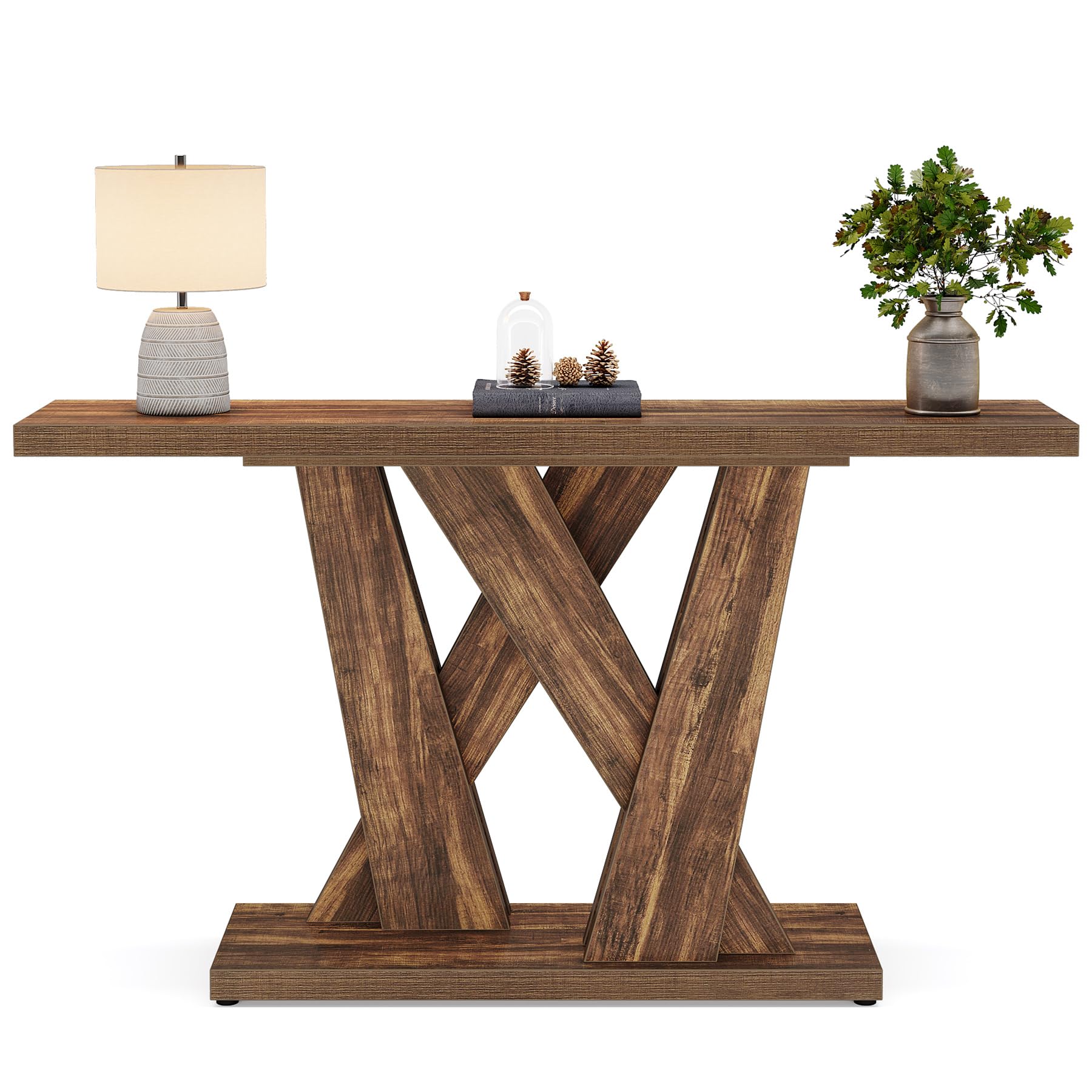 55-Inch Farmhouse Console Table with Geometric Base - Rustic Brown