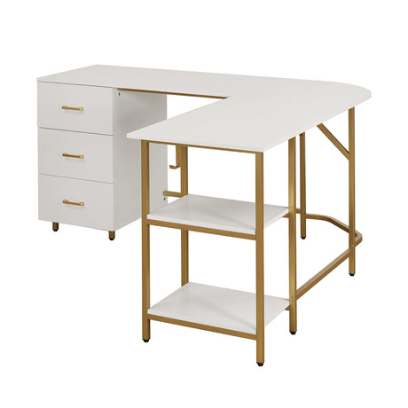 L Shaped Desk - Two-Toned Computer Desk with Drawers & Storage Shelves