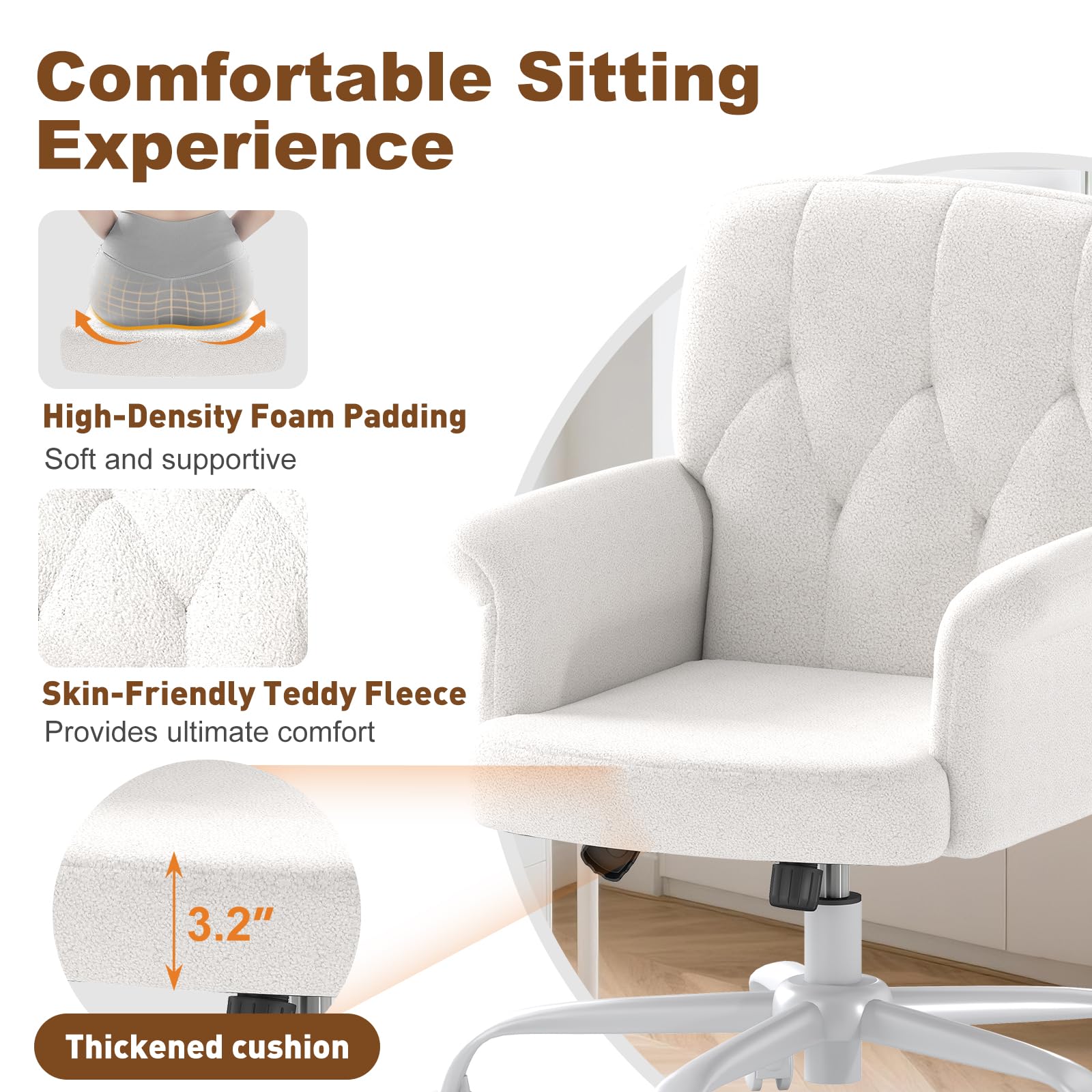 Upholstered Fuzzy Office Chair with Wheels and Arms - White