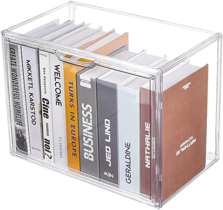 Clear Book Storage Organizer Box, Plastic Stackable Book Display Case with Magnetic Door,