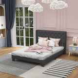 Full Bed Frame with Button Tufted Headboard, Modern Fabric Upholstered Platform Bed