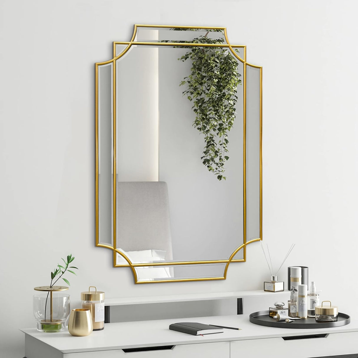 Gold Beveled Mirror - Wall Mirrors Decorative 20"x30" Scalloped Mirror Modern