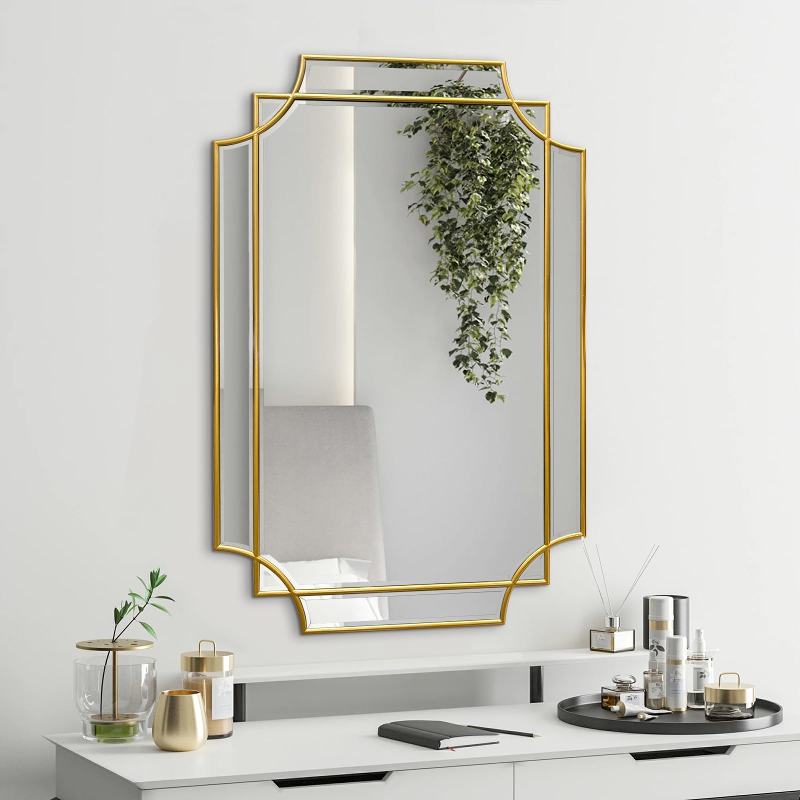 Gold Beveled Mirror - Wall Mirrors Decorative 20"x30" Scalloped Mirror Modern