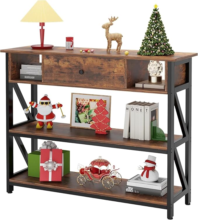 47 Inch Console Sofa Table with Drawer, Industrial Entryway Table with Storage Shelves,