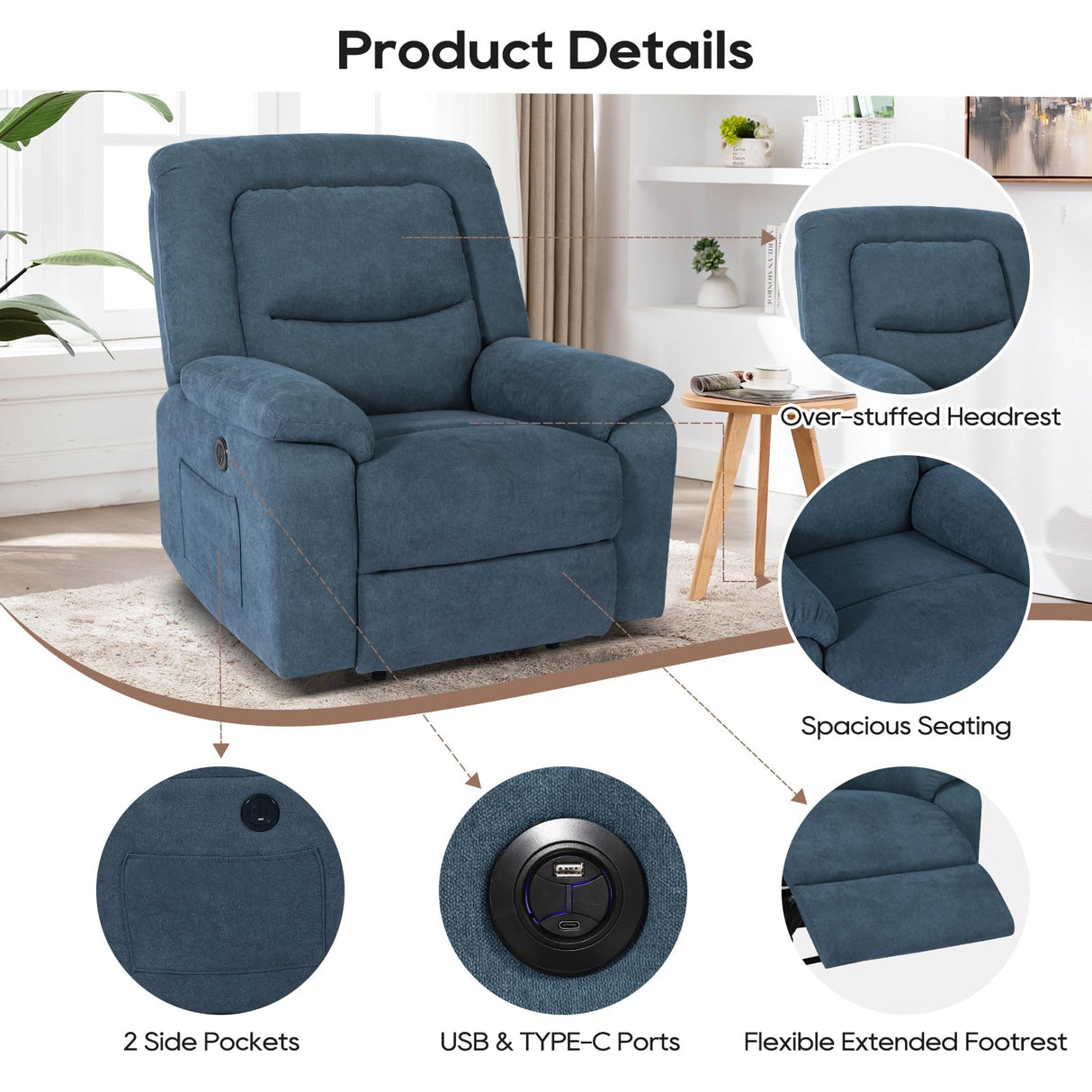 Recliner Chairs with Massage and Heat, Recliner Chair for Adults with Padded Backrest, Massage Recliner Chairs with Charge Ports & Pockets, Infinite Position for Living Room