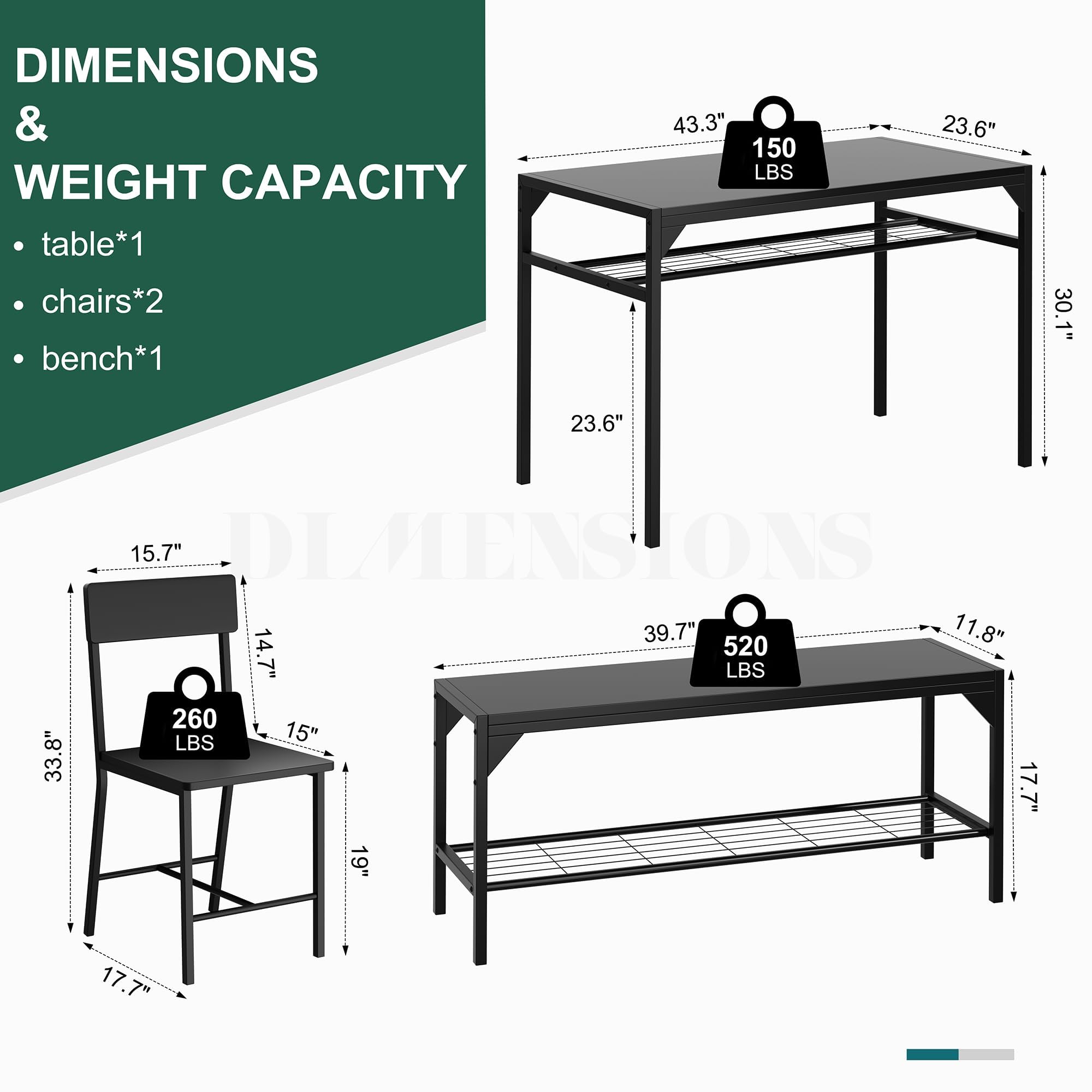 4-Piece Dining Table Set with Bench & Chairs - Black