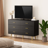 Black 6 Drawer Dresser for Bedroom, Wooden Black Double Dresser with Gold Handles