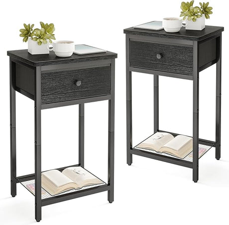 Nightstands Set of 2, End Side Table with Drawer, Bedside Table with Shelf for Living Room Bedroom, Wood Metal Accent Furniture with Fabric Drawer, Greige