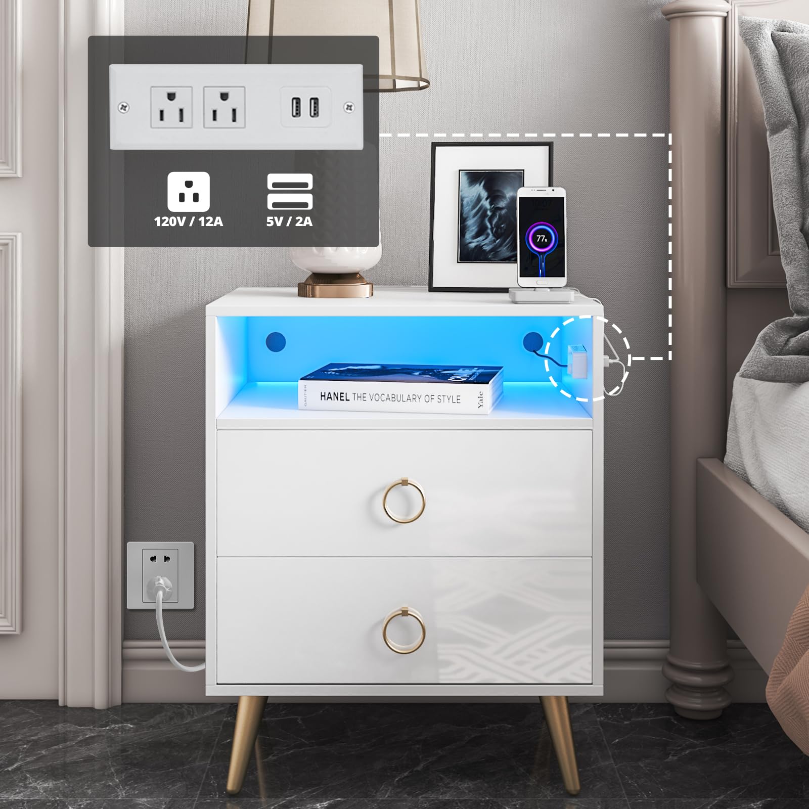White LED Nightstand with Charging Station