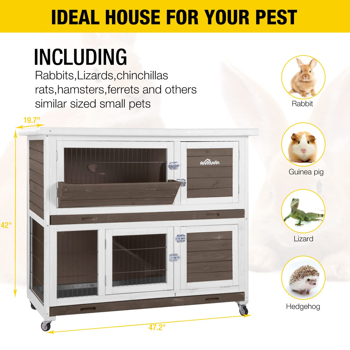 Rabbit Hutch Indoor and Outdoor 2- Story Bunny cage on Wheels - Deep No Leakage Pull