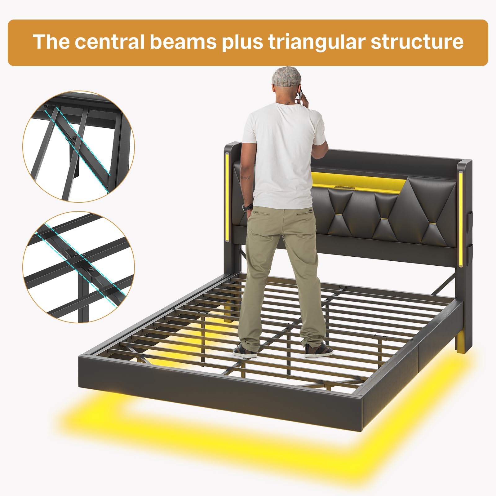 Floating Queen Bed Frame with LED Lights & Storage Headboard