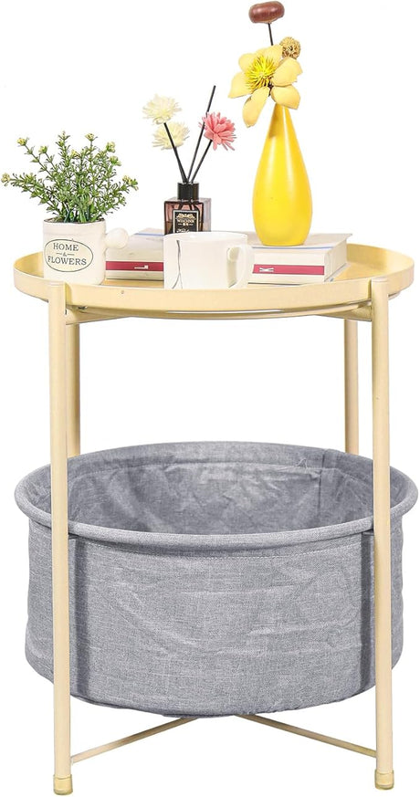 Table with Fabric Storage Basket, Sofa Table with Metal Frame, End Tables with Removable Tray