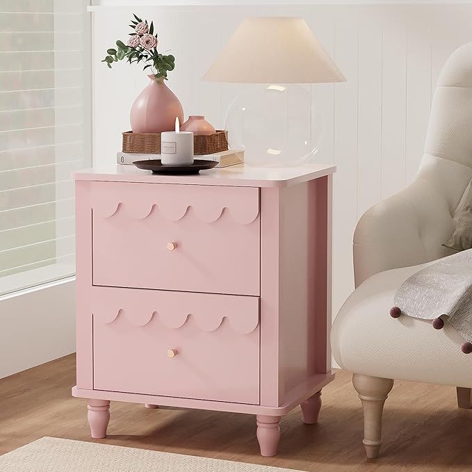 Pink Nightstand Side End Table with 2 Drawers, Modern Night Stand with Petal Pattern for Bedroom, Scalloped Bedside Night Tables with Solid Wood Legs