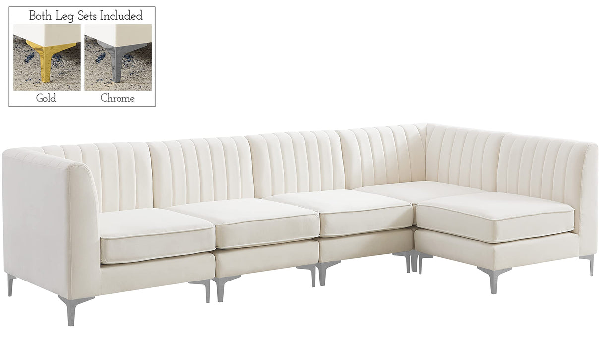 Furniture 604Cream-Sec5B Alina Collection Modern | Contemporary Velvet Upholstered Modular Sectional with Deep Channel Tufting, 116.5" W x 58.5" D x 31" H, Cream