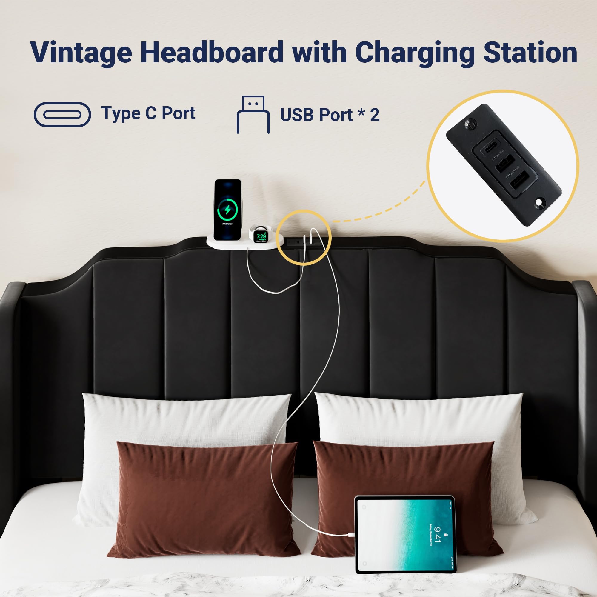 Full Size Velvet Platform Bed with Tufted Wingback Headboard