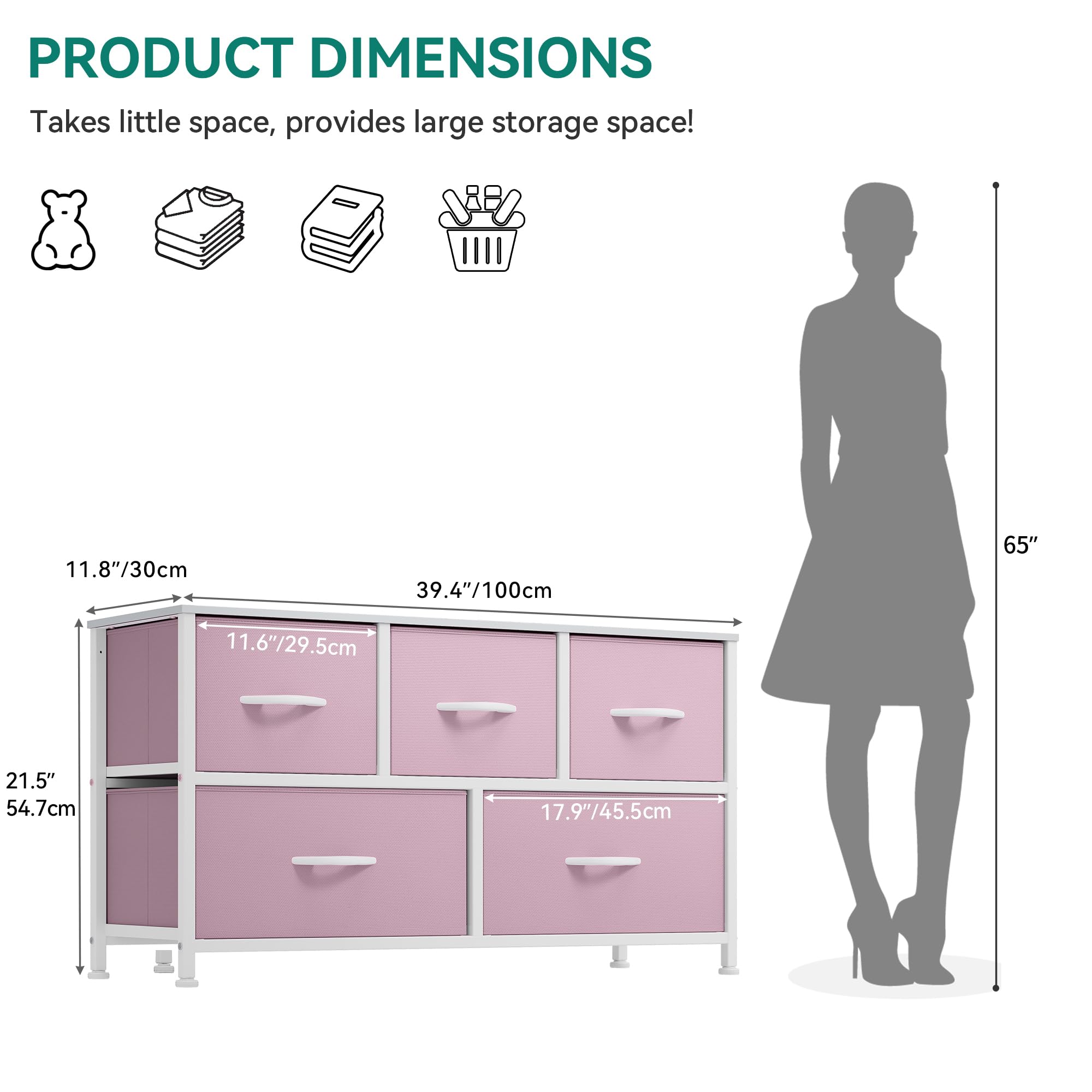 5 Drawer Dresser - Fabric Storage Tower, Organizer Unit for Bedroom