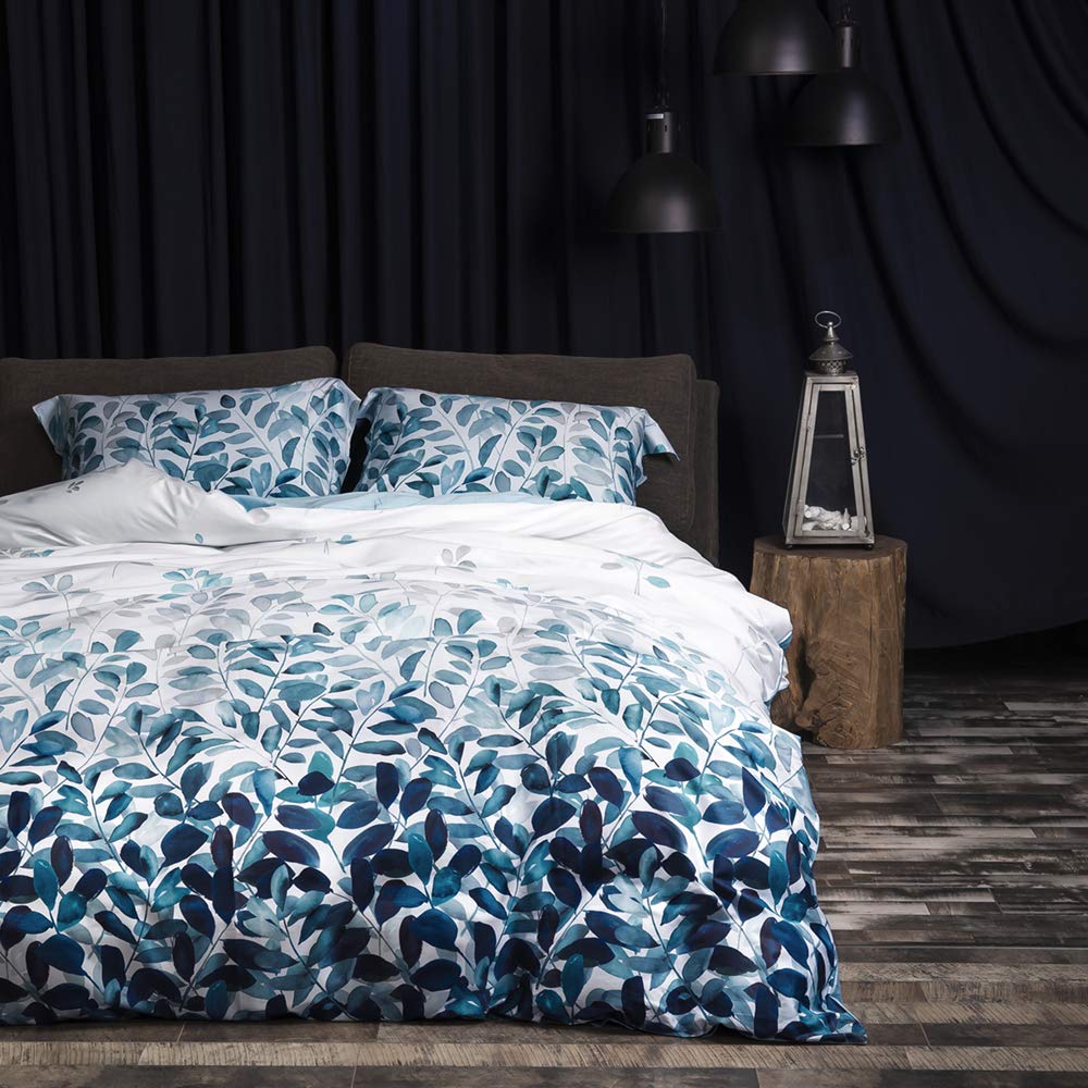 MILDLY 100% Long Staple Cotton Duvet Cover Set Gradient Blue Leaves Printed Comforter Cover Set Farmhouse Plant Comforter Cover Set