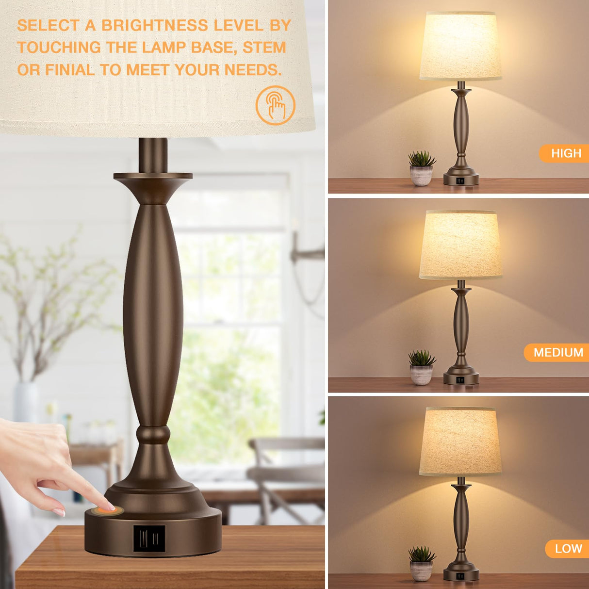 Beige Brown Lamps for Bedrooms Set of 2 - Touch Control Bedside Lamp with USB C+A,