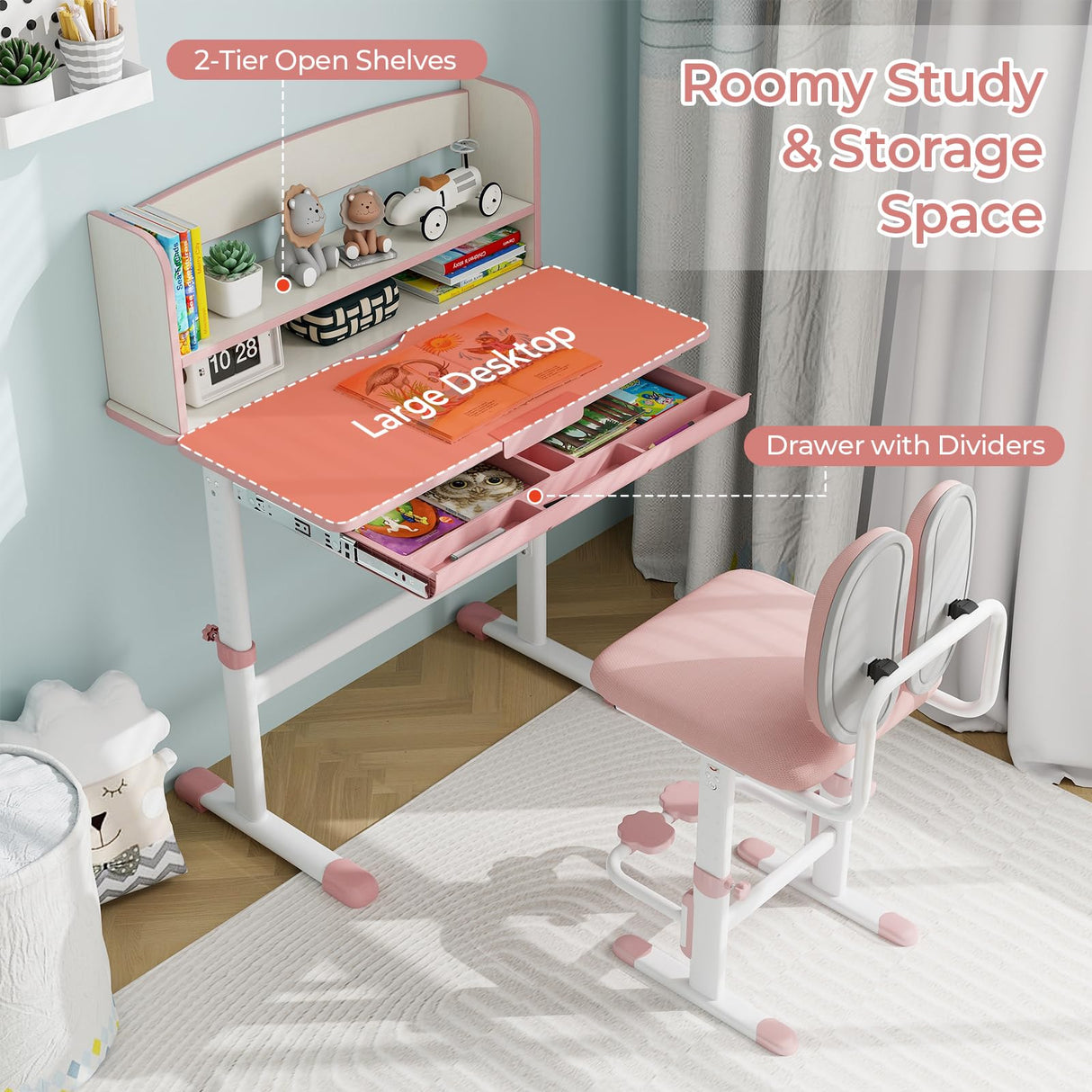 Kids Desk and Chair Set, Height Adjustable Children School Study Table