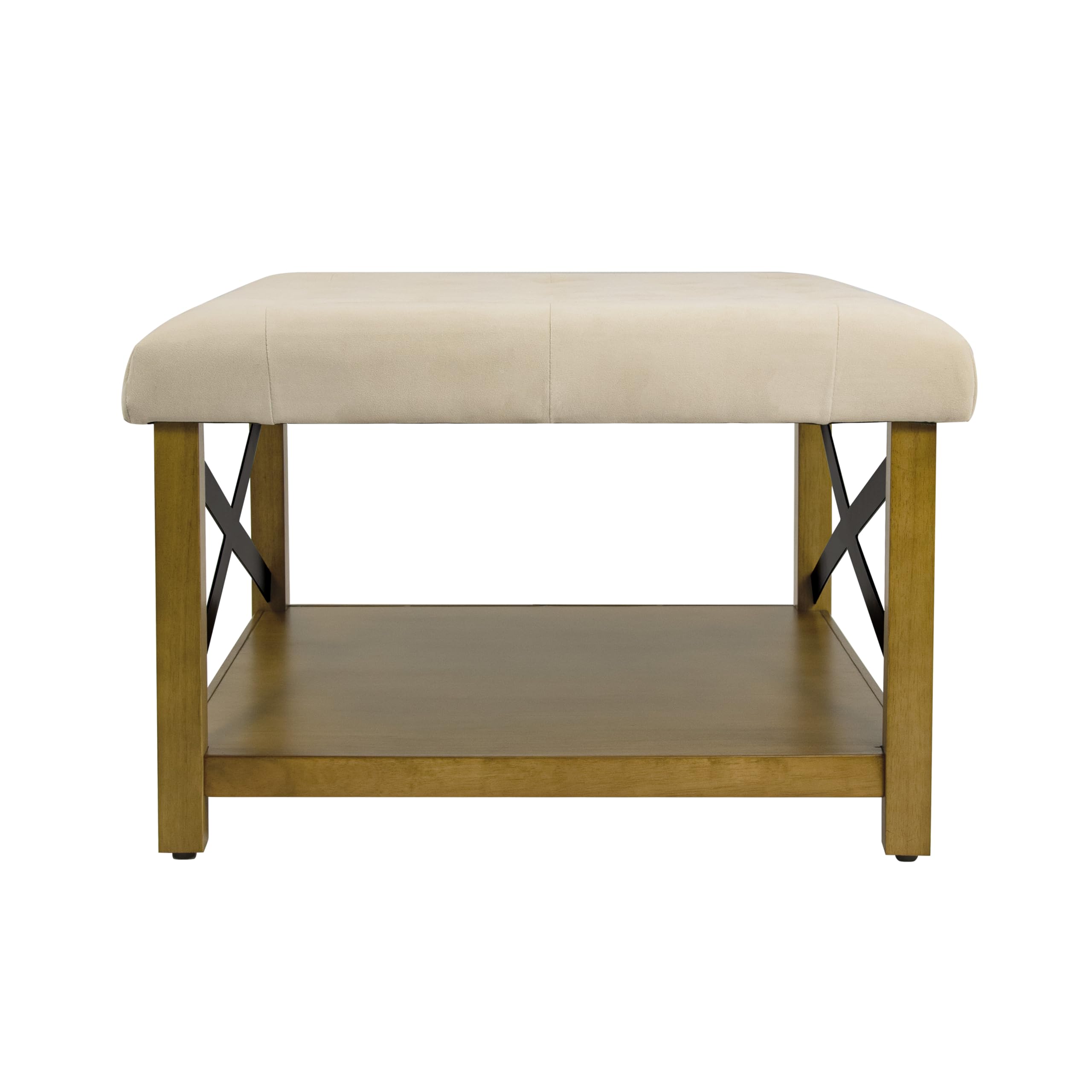 Upholstered Bench with Wood Frame and Shelf
