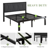 Queen Size Metal Bed Frame with Fabric Button Tufted Headboard, Platform Bed Frame