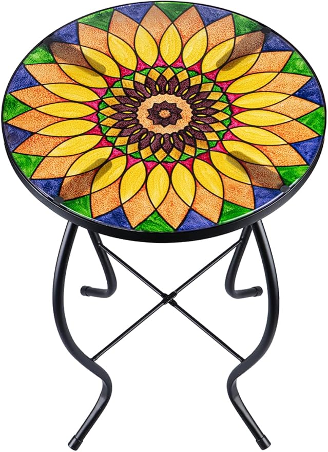Outdoor Side Table Mosaic End Table Patio Side Table Small End Table Glass Top Round