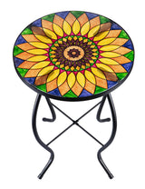 Sunflower Outdoor Side Table, Mosaic Design, Small Glass Top, Round, Patio Side Table