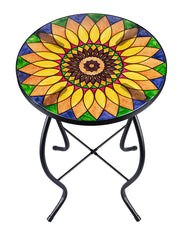 Sunflower Outdoor Side Table, Mosaic Design, Small Glass Top, Round, Patio Side Table
