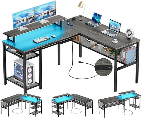 Reversible L Shaped Desk with Power Outlets and Smart LED Light, 55 Inch Computer Office Desk